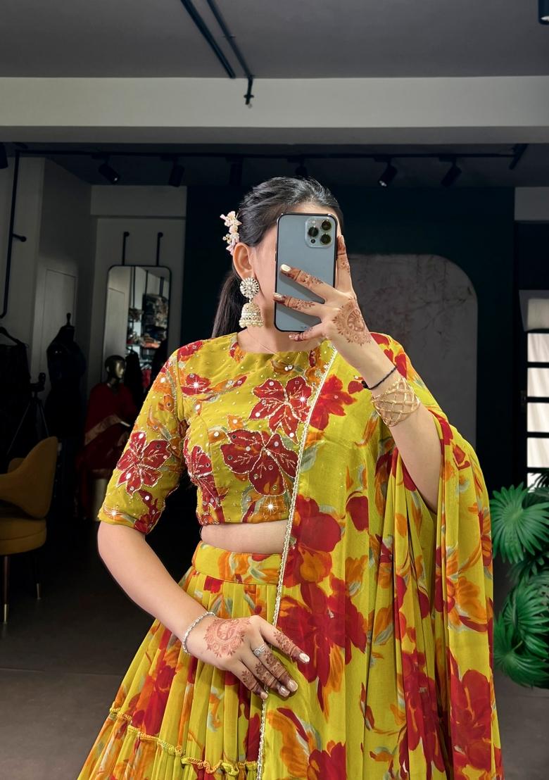 Yellow Floral Print Marbel Lehenga Set - Indya