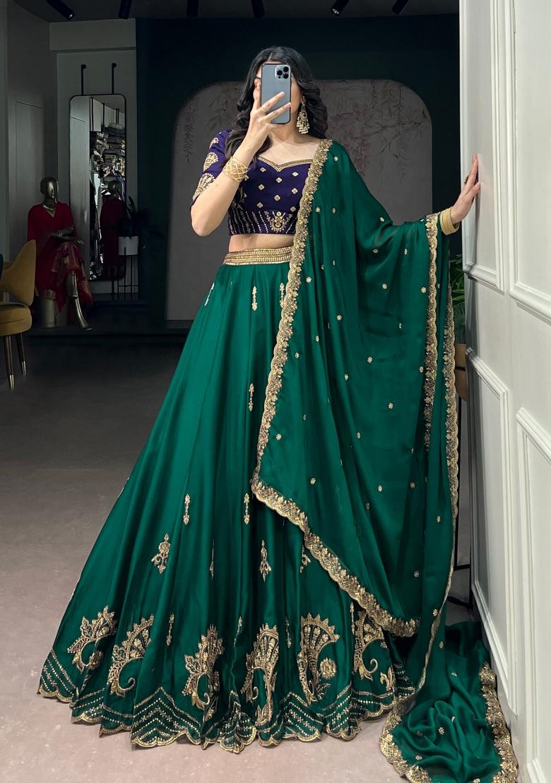 Green Embroidered Silk Blend Lehenga Set - Indya