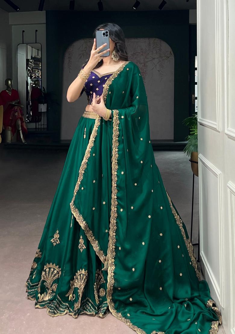 Green Embroidered Silk Blend Lehenga Set - Indya