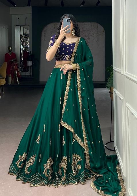 Green Embroidered Silk Blend Lehenga Set
