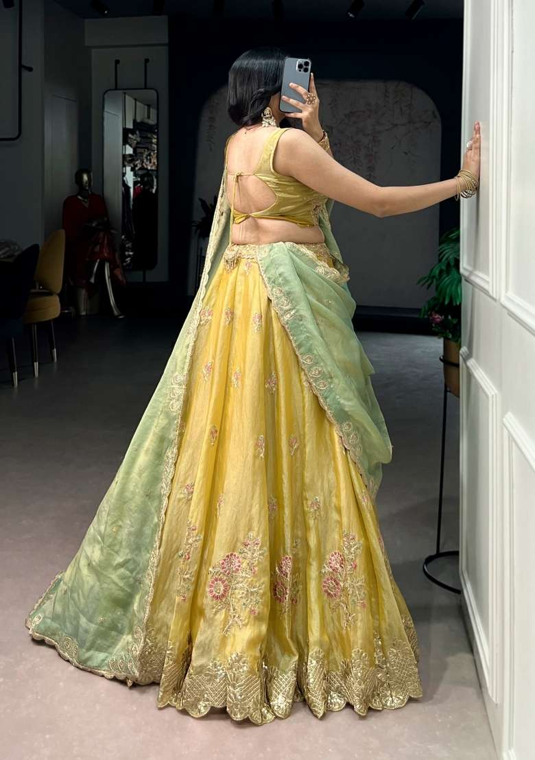 Yellow Embroidered Silk Blend Lehenga Set for Diwali and Festive Wear - Indya
