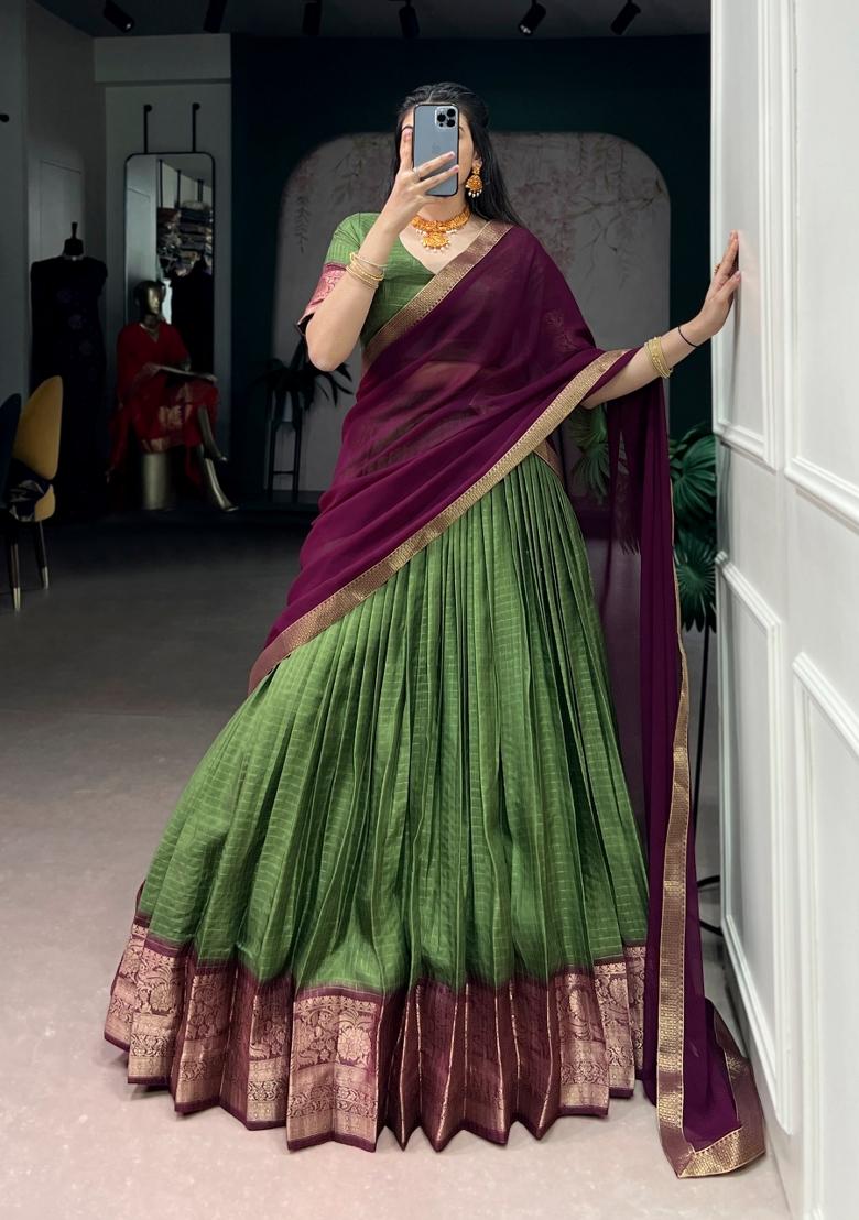 Green Zari Work Dola Chex Lehenga Set - Indya