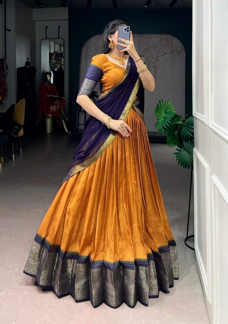 Mustard Zari Work Dola Chex Lehenga Set - Indya