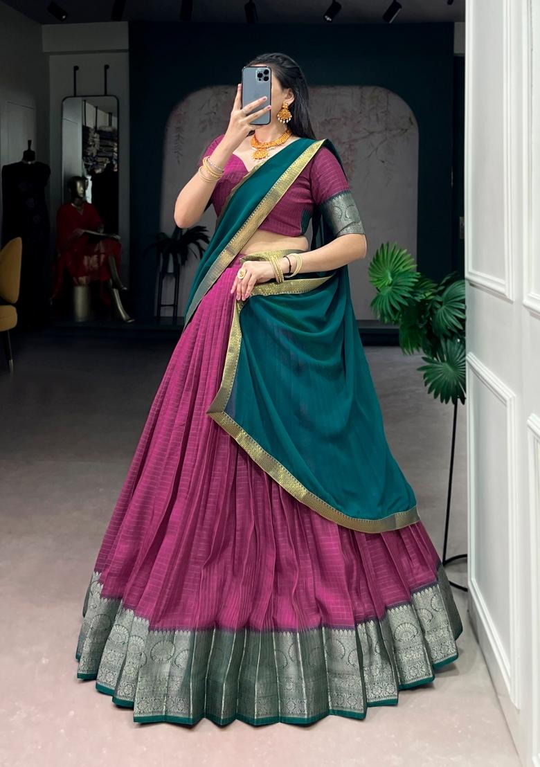 Pink Zari Work Dola Chex Lehenga Set - Indya