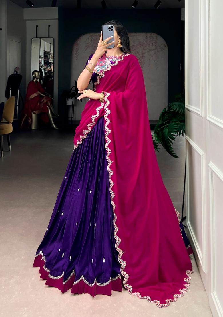 Purple Embroidered Silk Blend Lehenga Set - Indya
