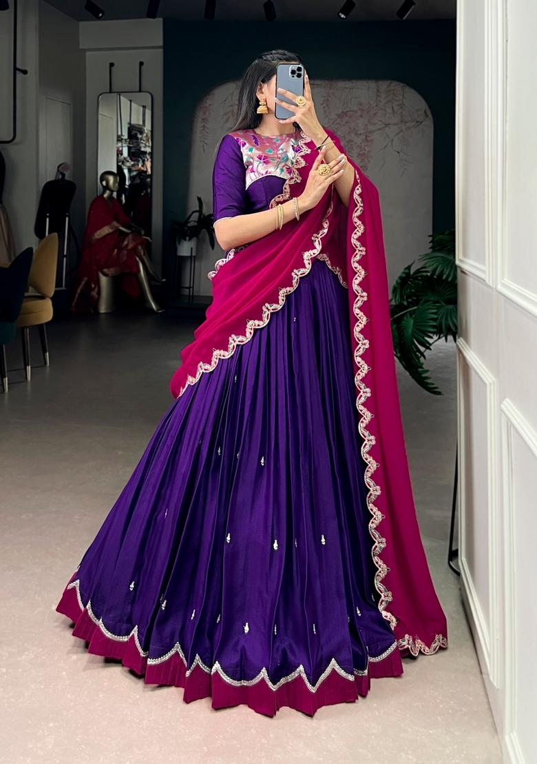 Purple Embroidered Silk Blend Lehenga Set - Indya