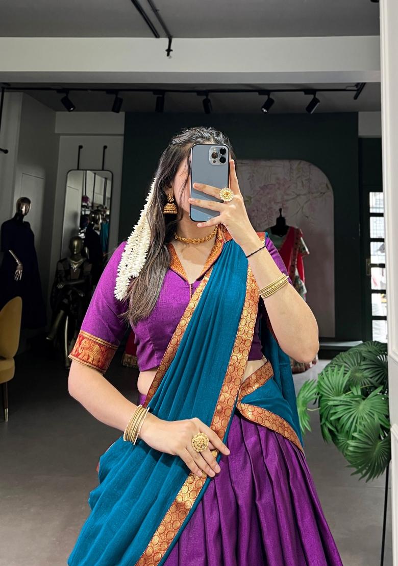 Purple Zari Work Cotton Lehenga Set - Indya