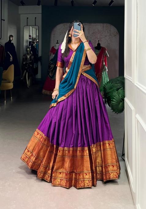 Purple Zari Work Cotton Lehenga Set