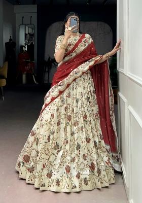 Beige Printed Silk Blend Lehenga Set