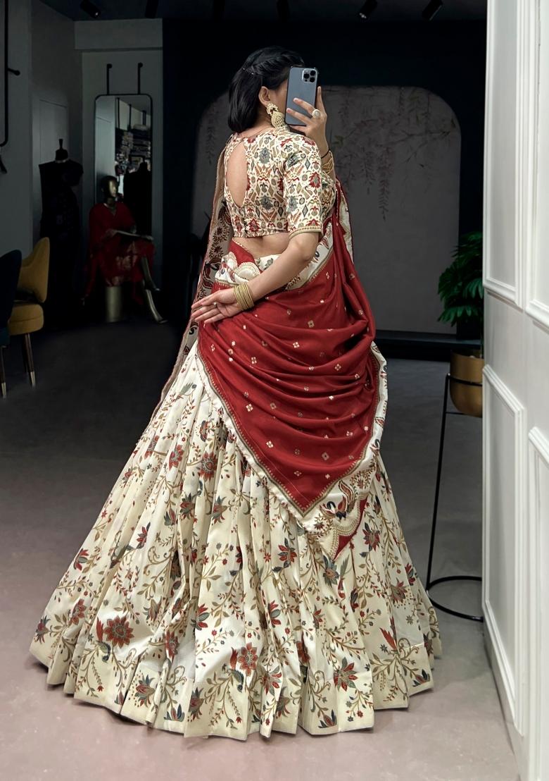 Beige Printed Silk Blend Lehenga Set - Indya