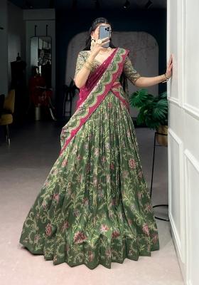 Green Printed Silk Blend Lehenga Set