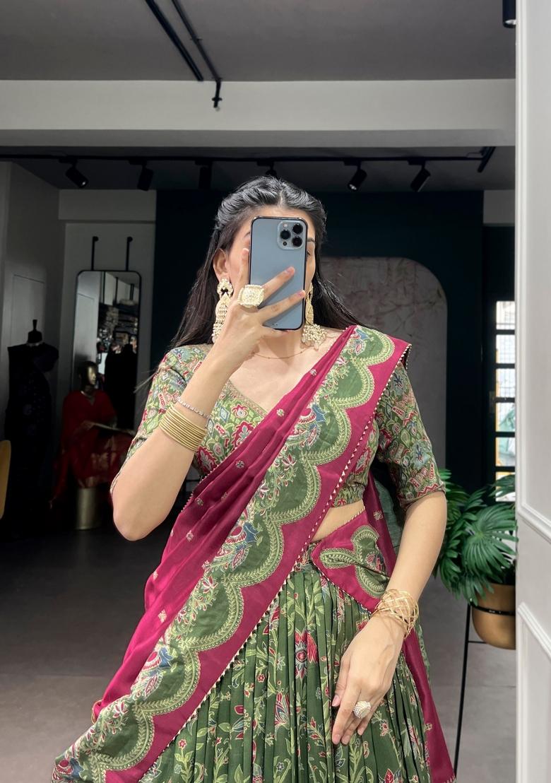 Green Printed Silk Blend Lehenga Set - Indya