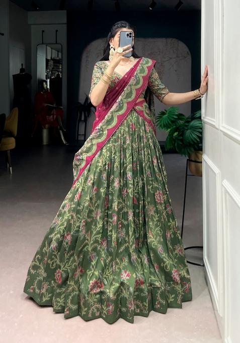Green Printed Silk Blend Lehenga Set