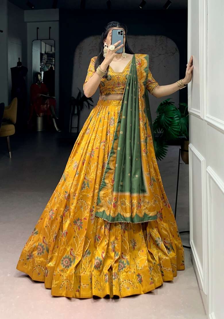Mustard Printed Silk Blend Lehenga Set - Indya