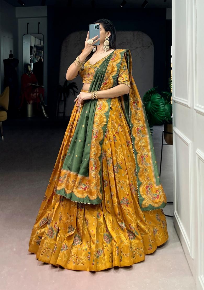 Mustard Printed Silk Blend Lehenga Set - Indya