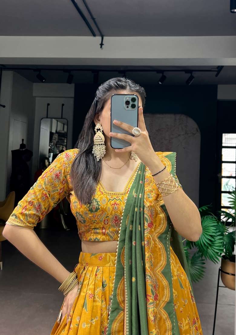 Mustard Printed Silk Blend Lehenga Set - Indya
