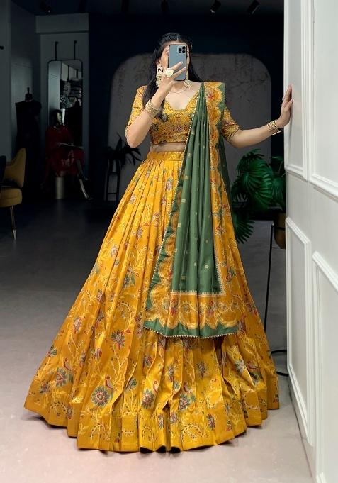 Mustard Printed Silk Blend Lehenga Set