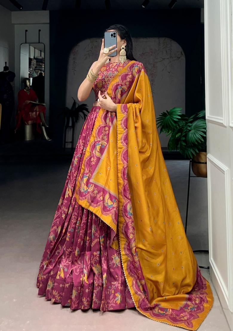 Pink Printed Silk Blend Lehenga Set - Indya