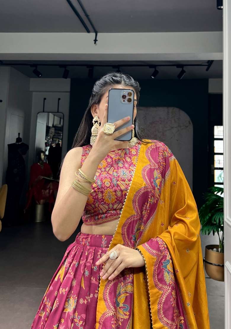 Pink Silk Blend Lehenga Set with Printed for Diwali | Wedding & Festive Wear - Indya