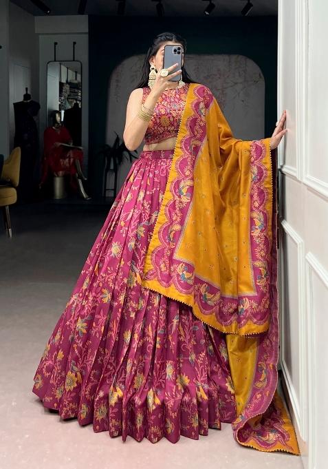 Pink Printed Silk Blend Lehenga Set