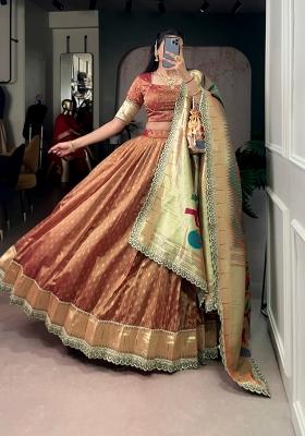 Peach Zari Work Silk Blend Lehenga Set