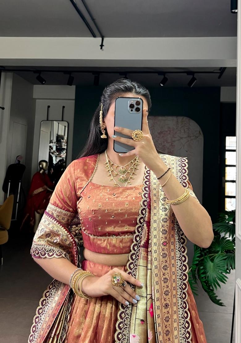Peach Zari Work Silk Blend Lehenga Set - Indya