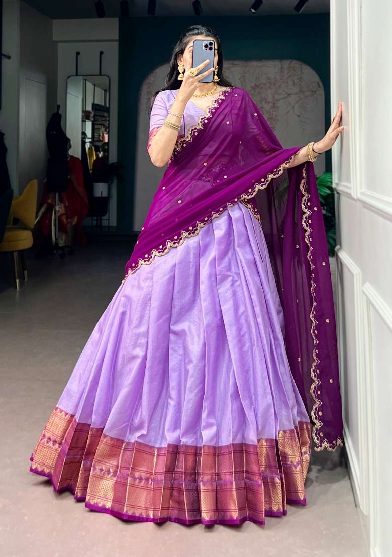 Lavender Zari Work Silk Blend Lehenga Set - Indya