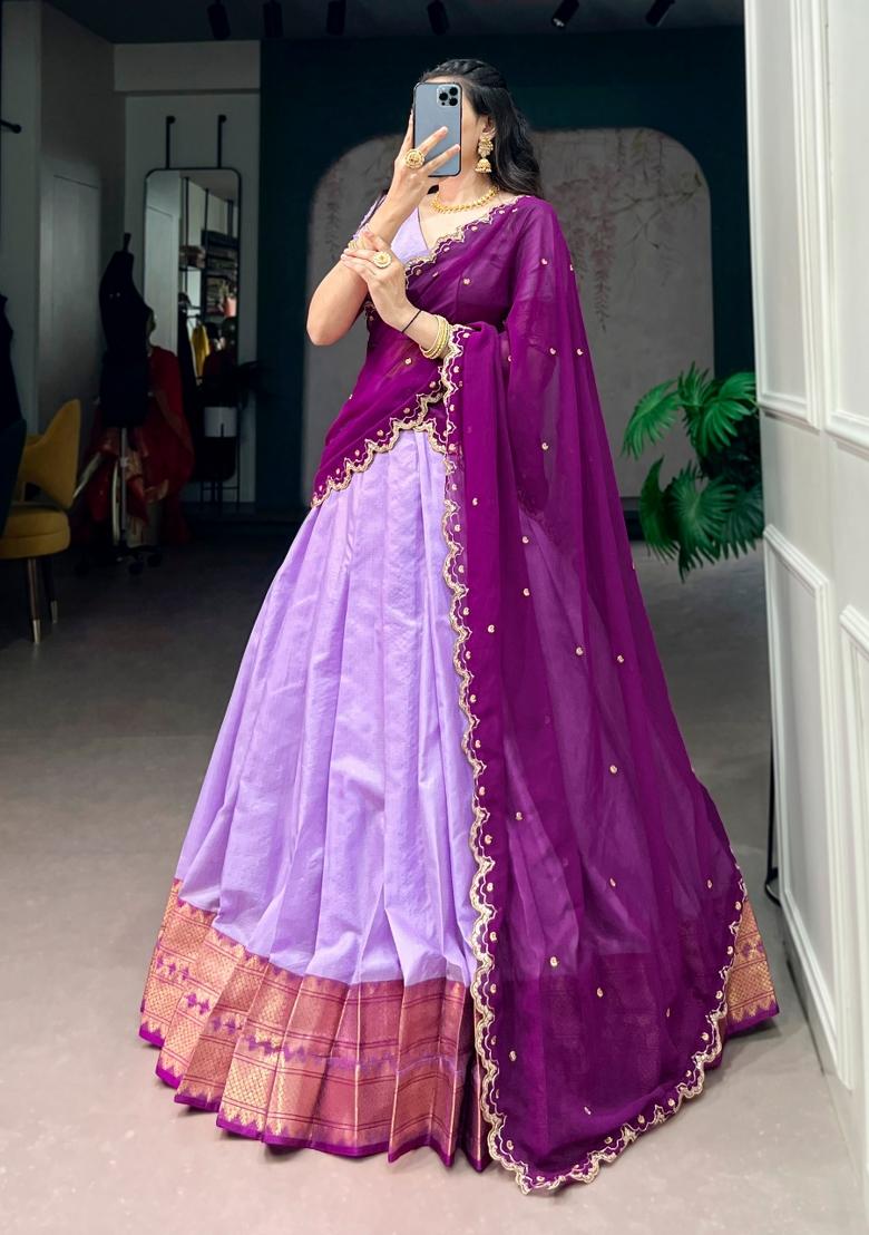 Lavender Zari Work Silk Blend Lehenga Set - Indya