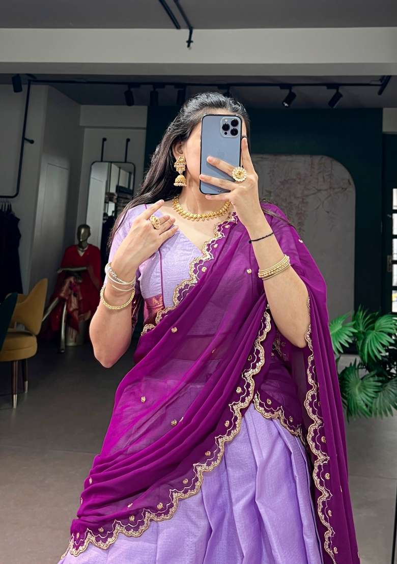 Lavender Zari Work Silk Blend Lehenga Set - Indya