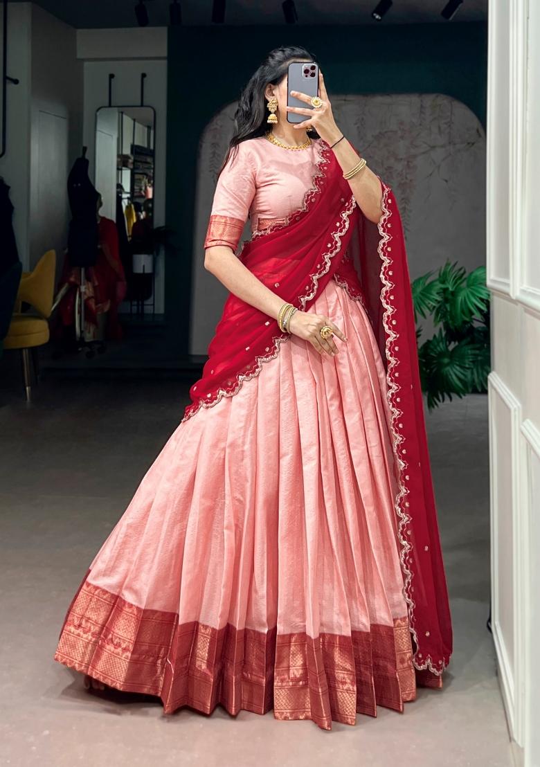 Peach Zari Work Silk Blend Lehenga Set - Indya