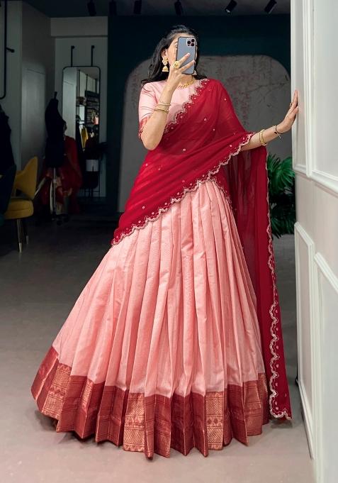 Peach Zari Work Silk Blend Lehenga Set