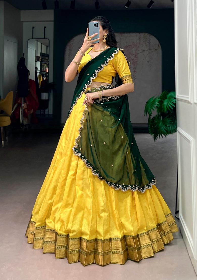 Yellow Zari Work Silk Blend Lehenga Set - Indya