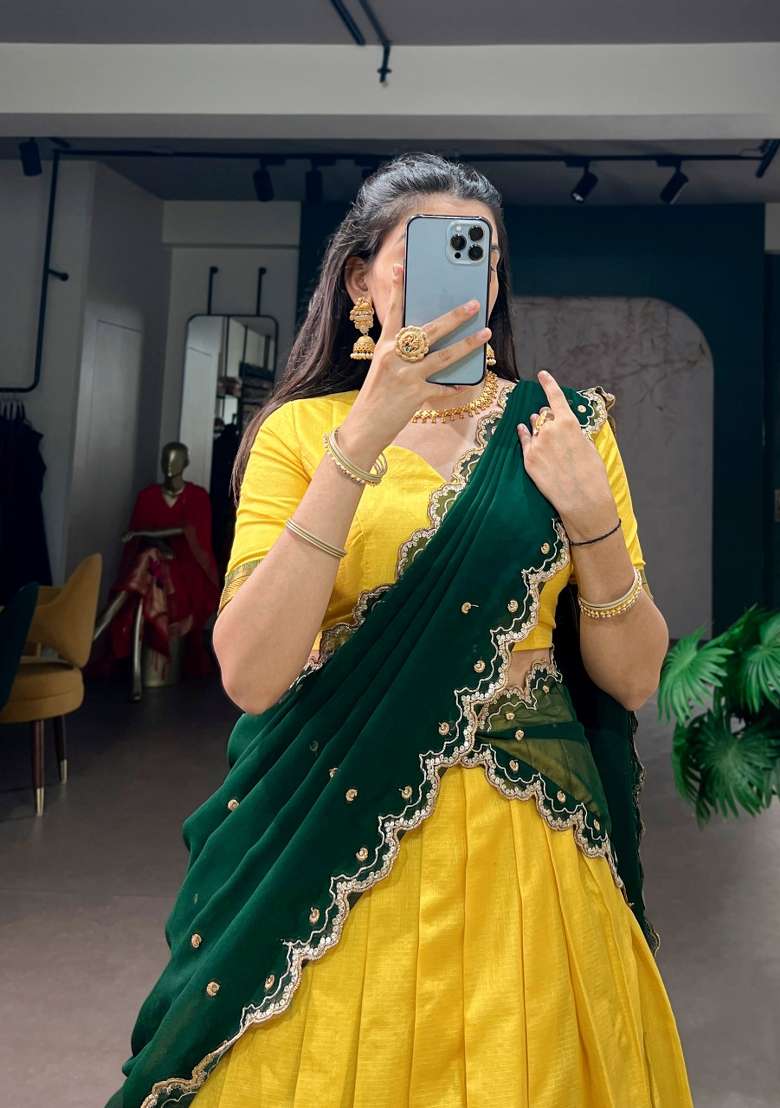 Yellow Zari Work Silk Blend Lehenga Set for Diwali and Festive Wear - Indya
