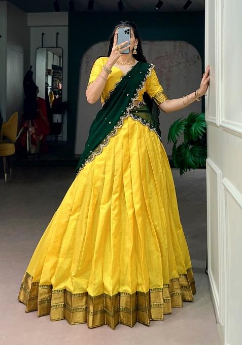 Yellow Zari Work Silk Blend Lehenga Set