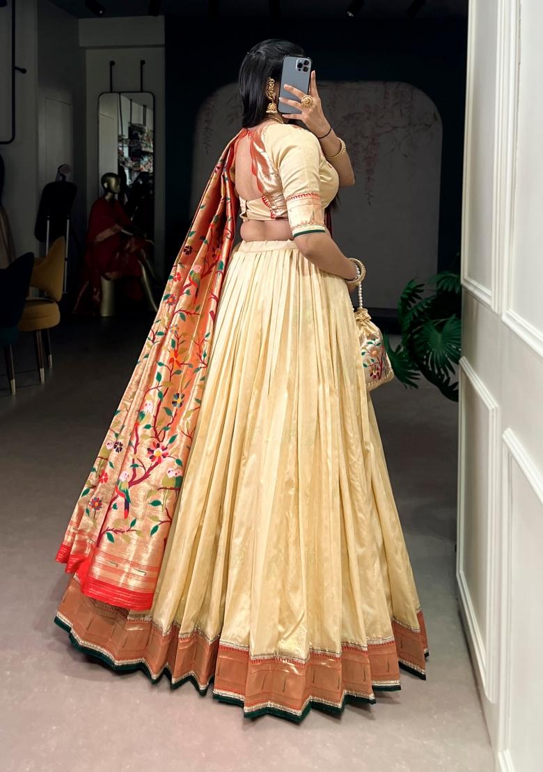 Beige Zari Work Silk Blend Lehenga Set - Indya