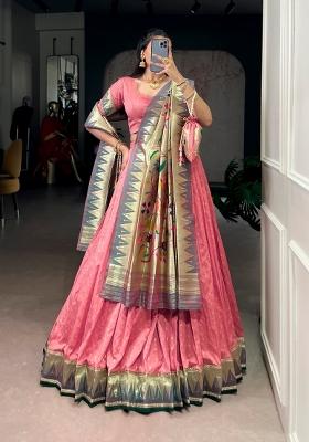 Peach Zari Work Silk Blend Lehenga Set