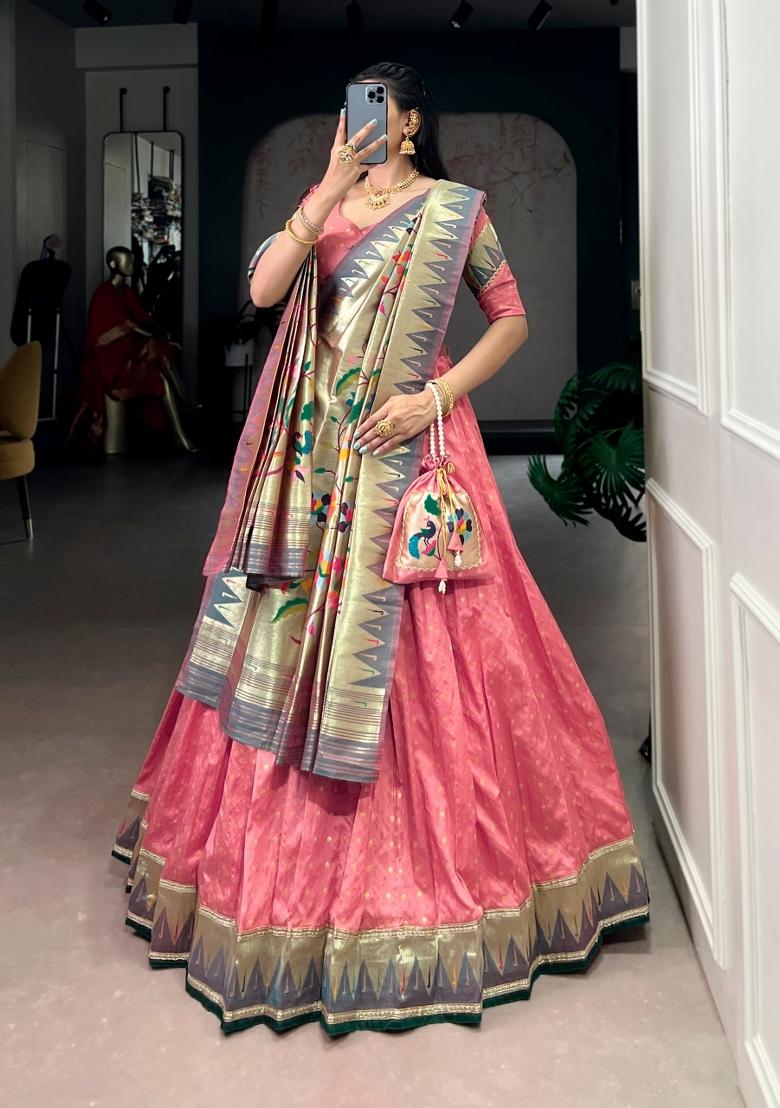 Peach Zari Work Silk Blend Lehenga Set - Indya