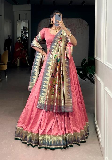 Peach Zari Work Silk Blend Lehenga Set