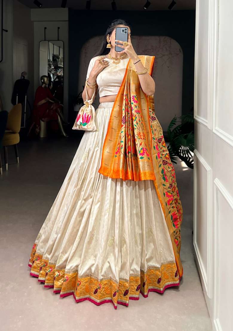 White Zari Work Silk Blend Lehenga Set for Diwali and Festive Wear - Indya