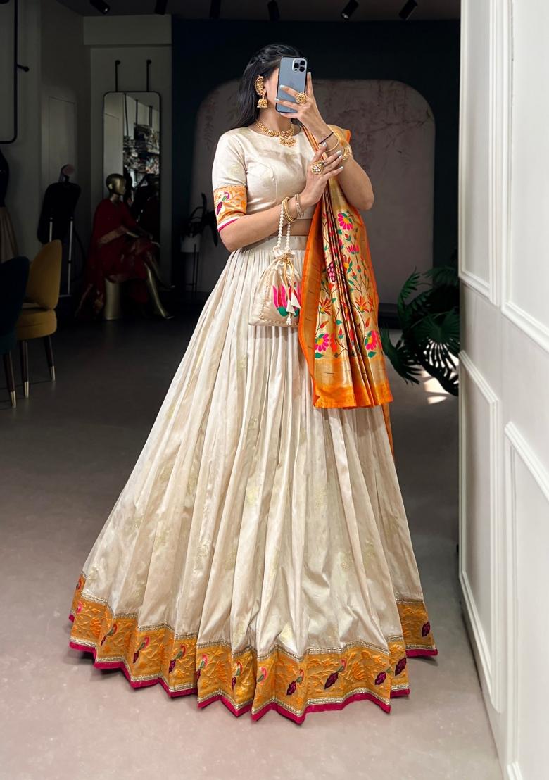 White Zari Work Silk Blend Lehenga Set - Indya