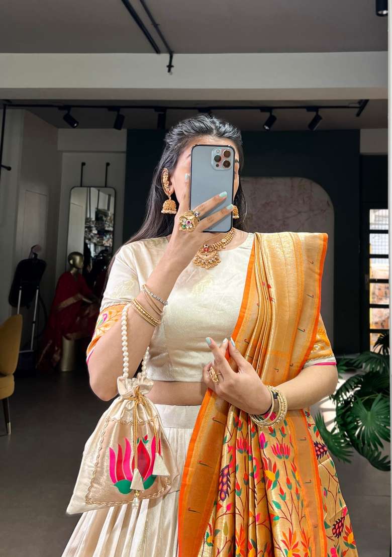 White Zari Work Silk Blend Lehenga Set for Diwali and Festive Wear - Indya