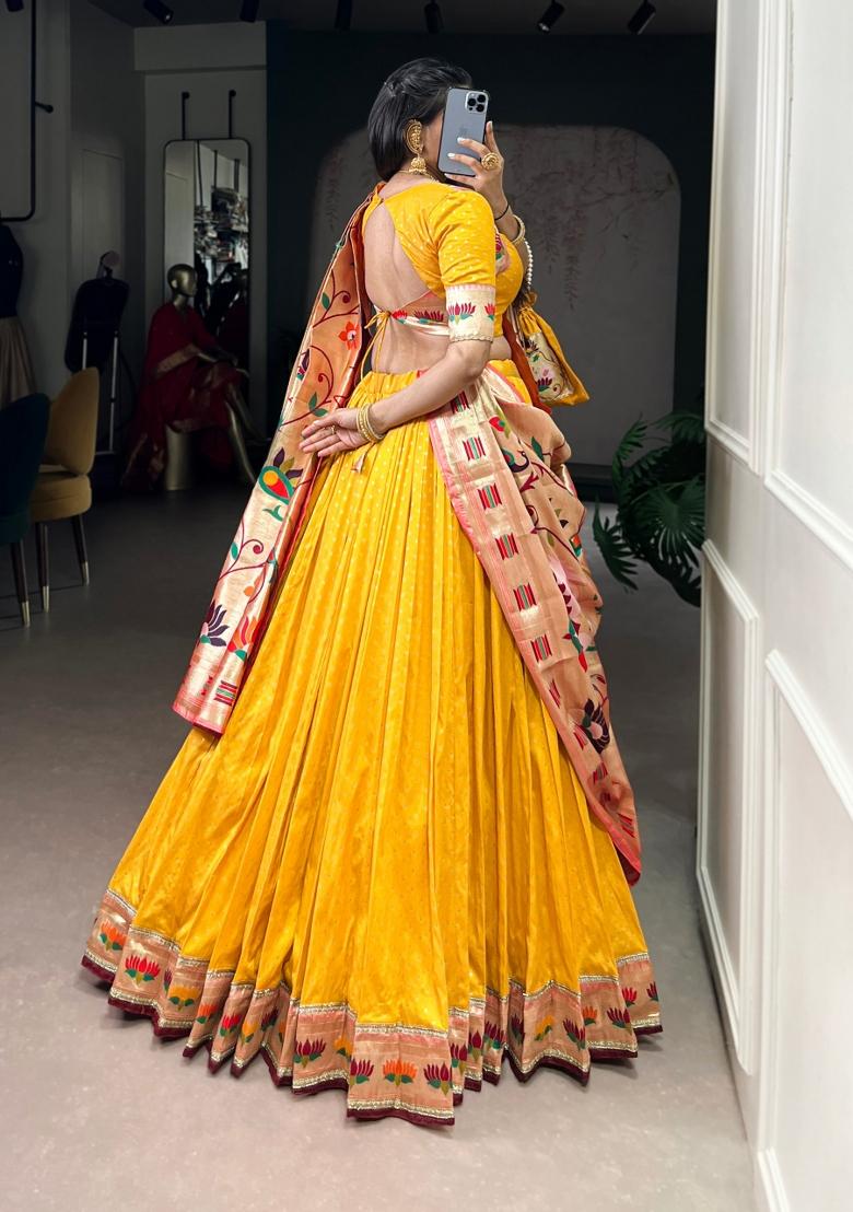 Yellow Zari Work Silk Blend Lehenga Set - Indya