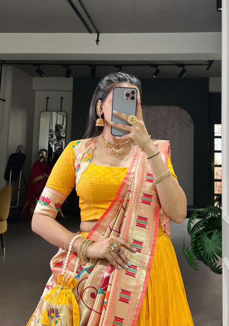 Yellow Zari Work Silk Blend Lehenga Set for Diwali and Festive Wear - Indya