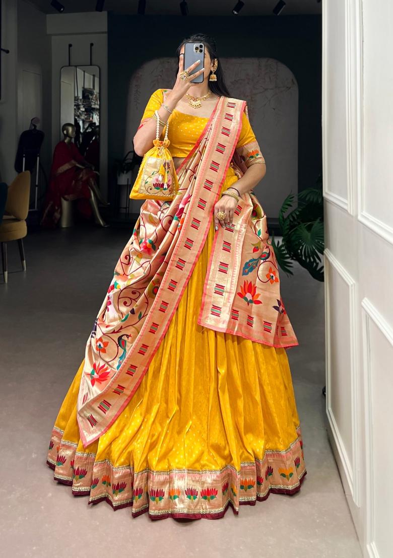 Yellow Zari Work Silk Blend Lehenga Set - Indya