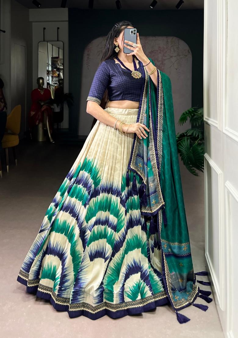 Blue Printed Silk Blend Lehenga Set - Indya