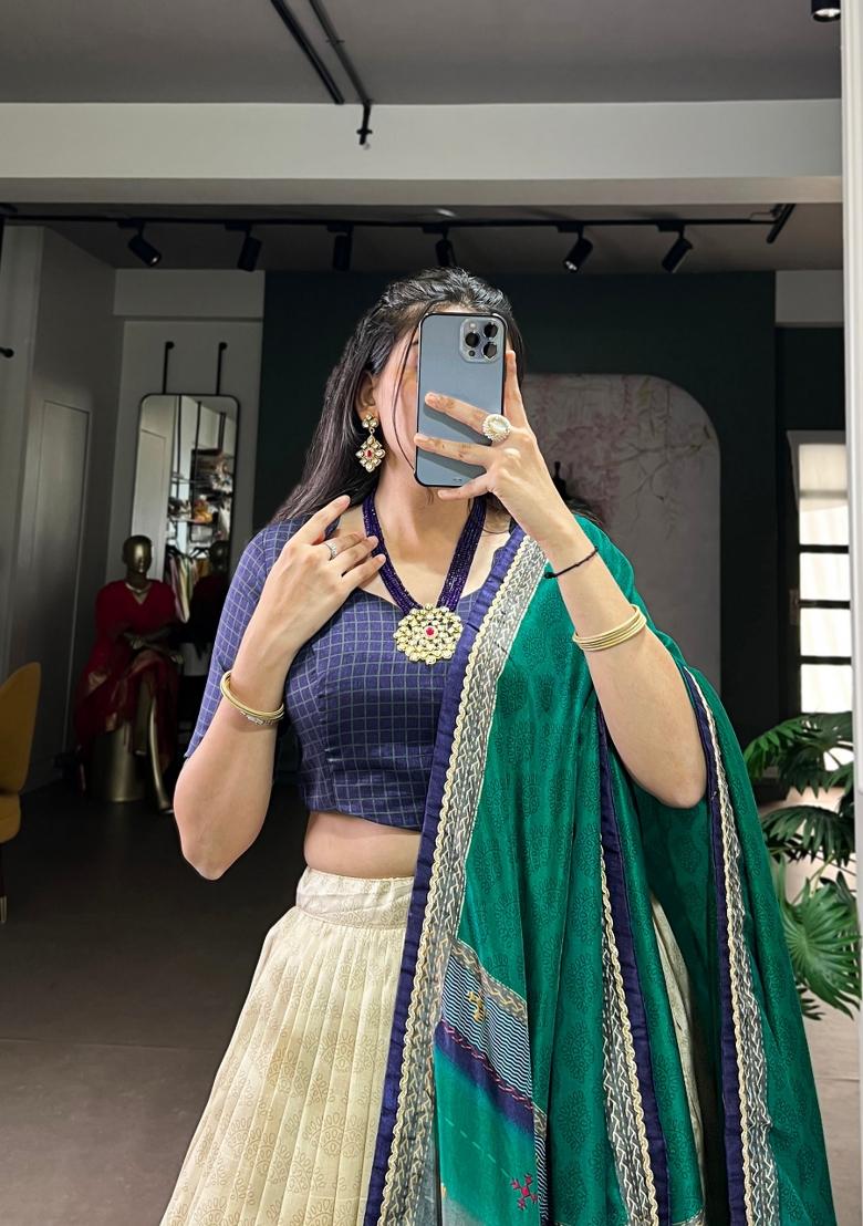 Blue Printed Silk Blend Lehenga Set - Indya