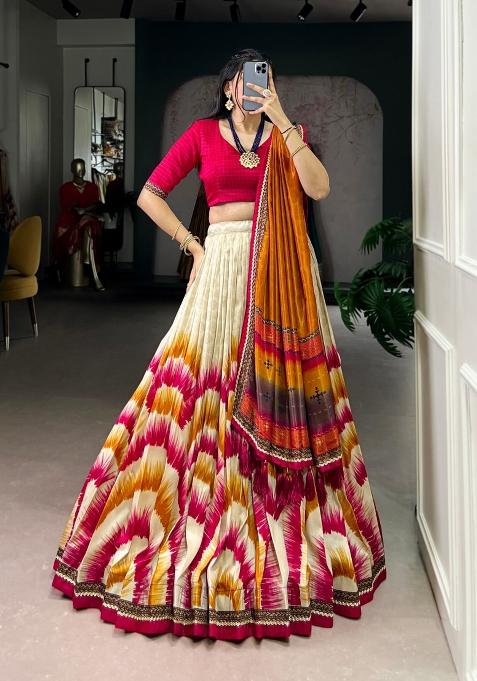 Red Printed Silk Blend Lehenga Set