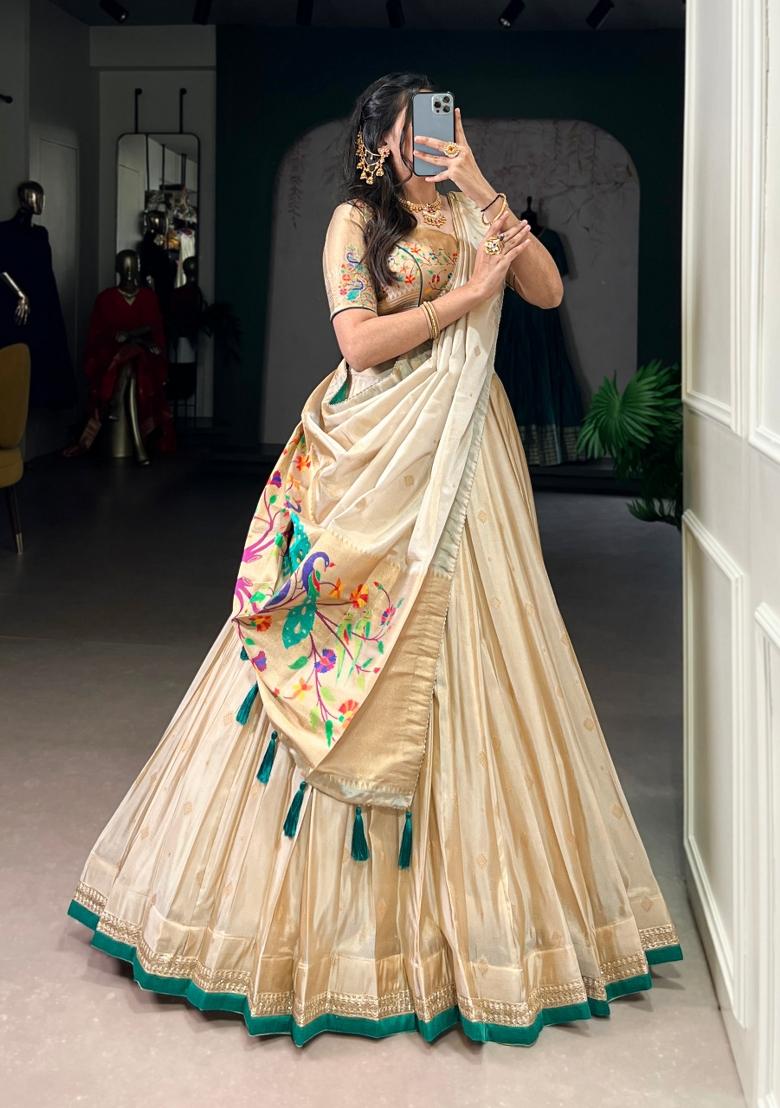 Green Zari Work Shimmer Lehenga Set - Indya