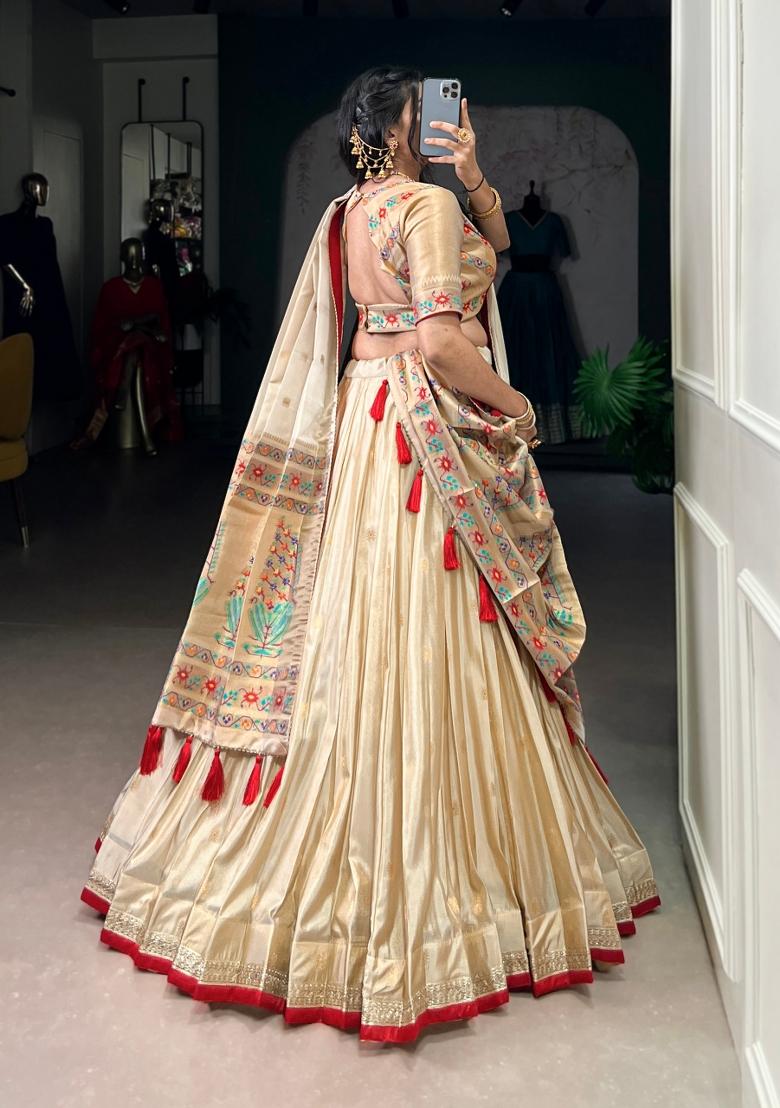 Red Zari Work Shimmer Lehenga Set - Indya