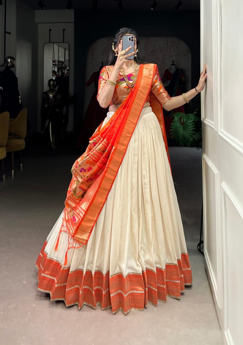 White Lace Work Silk Blend Lehenga Set - Indya